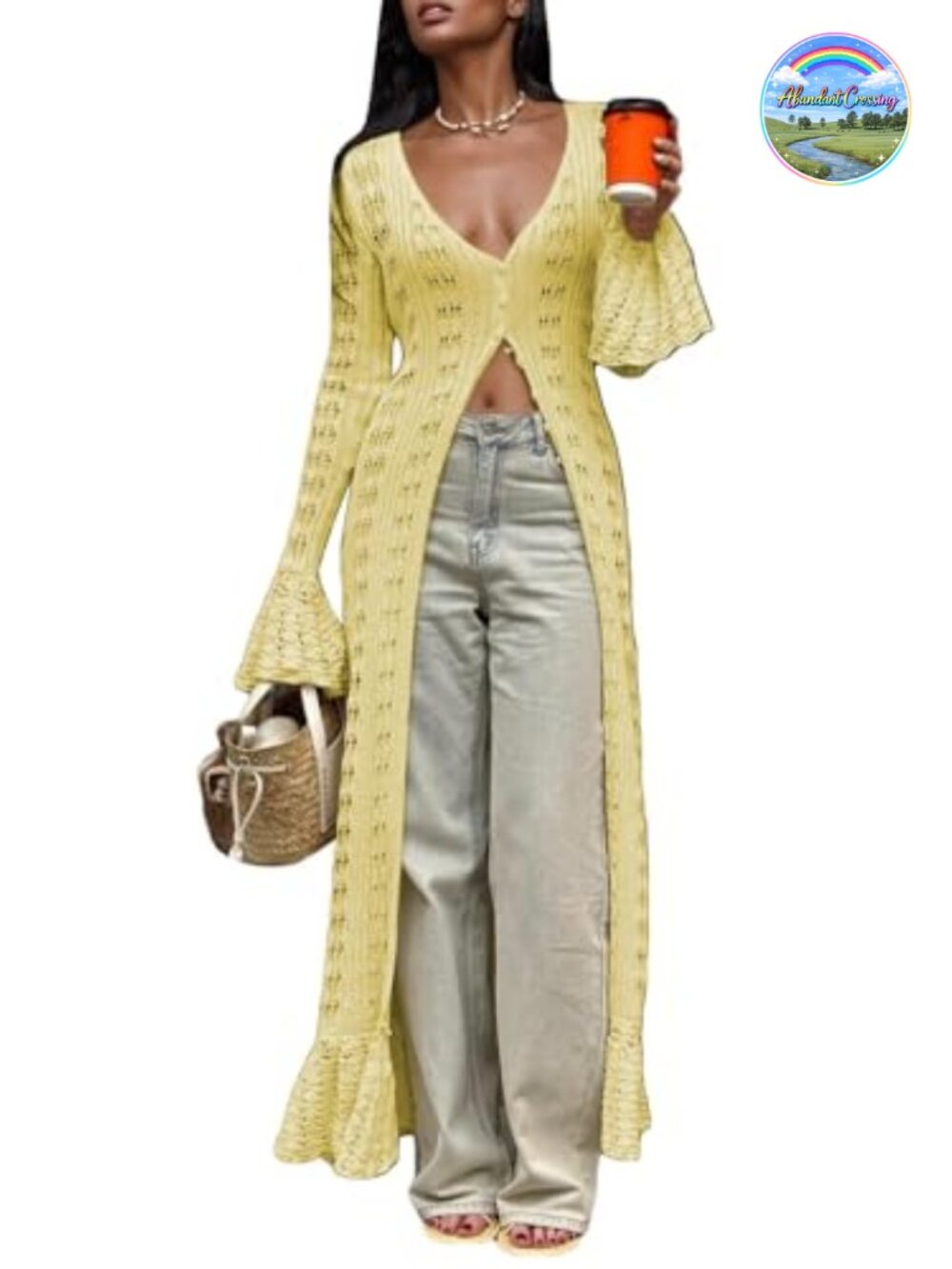 Crochet Hollow Out Knit Maxi Cardigan Long Sleeve Button Down Boho Duster